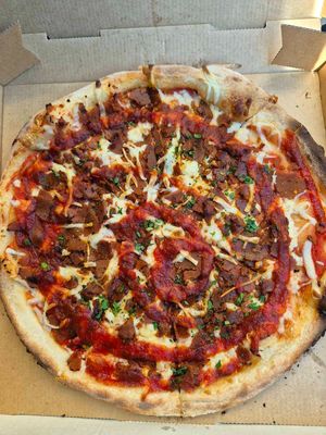 Pepperoni & chilli jam pizza $18 tues special: nice and cheesy, bit too sweet but offset by the spice, good crust and base at Green Acre Pizza Bar in Brunswick