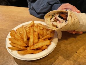 Falafel spesial i rul and French fries  at King Falafel in Oslo