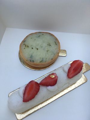 Lemon and basil pie, Fraisier (strawberries fine pastry)  at Chat'Pristi des Pâtisseries in Caen