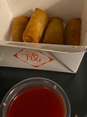 Vegan spring rolls with spicy dipping sauce at Wawin Vegan Chinese in Leeds
