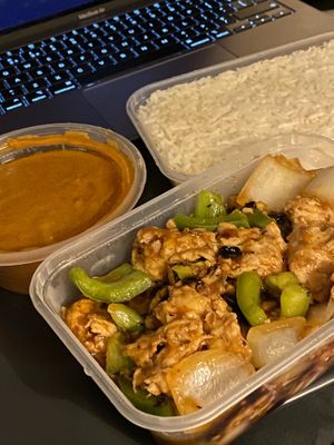 Black bean mock chicken, boiled rice and curry sauce at Wawin Vegan Chinese in Leeds