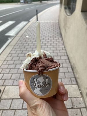 Soy chocolate and vanilla ice cream  at Konditorei Sader in Lana