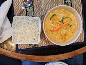 Coconut rice and tofu red Thai curry at Thaitastic in Llandudno