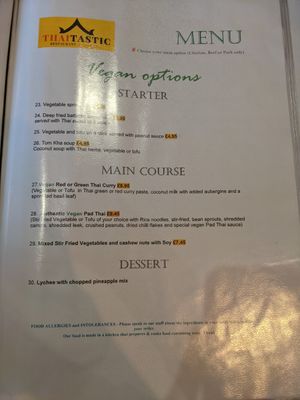 Menu at Thaitastic in Llandudno