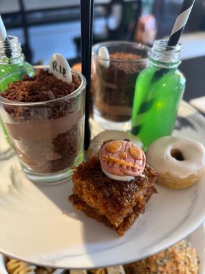 Chocolate trifle, Carrot cake, pumpkin donut, limeade (green)   at Drink Me Tea Room in Tempe