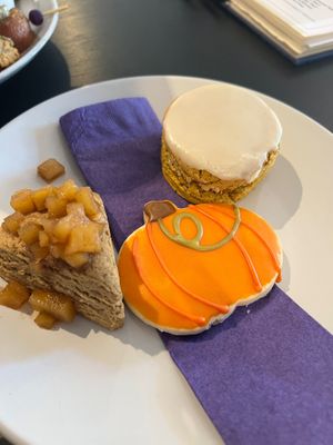 Cinnamon Scone with apple compote, Shortbread cookie, and pumpkin scone   at Drink Me Tea Room in Tempe