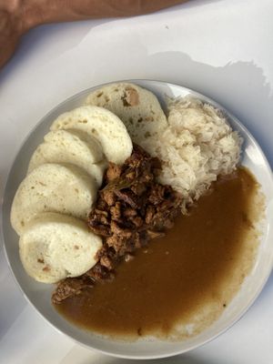 Dumplings with sauerkraut and dark sauce  at Shromaždiště in Prague