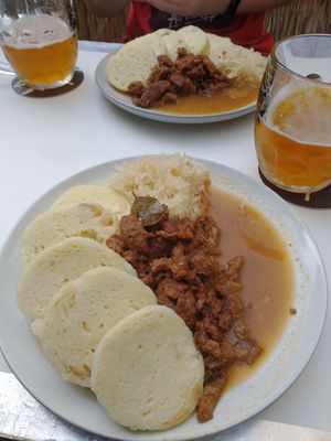 Soy chunks with dumplings and cabbage at Shromaždiště in Prague