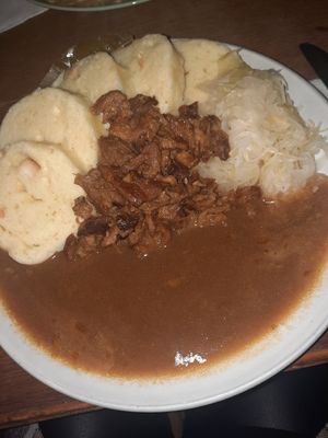 Czech dumplings with soy meat and sauerkraut at Shromaždiště in Prague