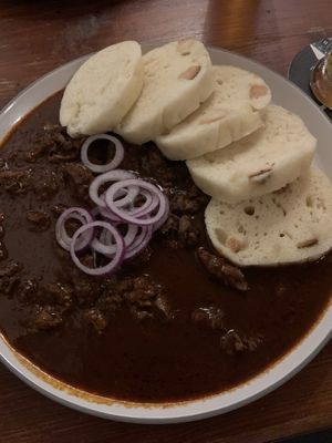 Czech goulash with bread dumplings  at Shromaždiště in Prague