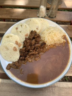 Bread dumplings, soy chunks with gravy and cabbage  at Shromaždiště in Prague