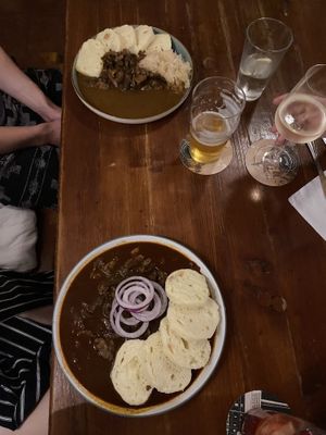 Vŷpečky (slow roasted soy chunks in gravy with cabbage - top) and guláš (bottom)  at Shromaždiště in Prague