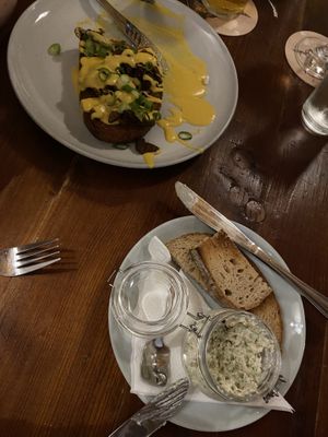 Topinka (deep fried bread with veggie meat, cheeze sauce and garlic - top) and fish less spread (bottom)  at Shromaždiště in Prague