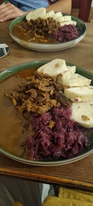 Slow cooked 'chicken' pieces at Shromaždiště in Prague