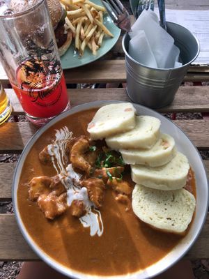 Kukurizek in paprika sauce + burger with fries  at Shromaždiště in Prague