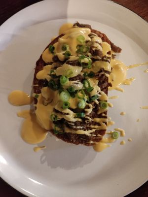 Topinka (fried bread with soy chunks and cheesy sauce) at Shromaždiště in Prague