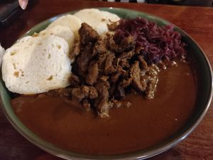 Vypecky (dumplings, soy chunks, cabbage and sauce) at Shromaždiště in Prague