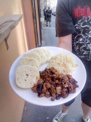 Soy-meat with dumplings and cabbage at Shromaždiště in Prague
