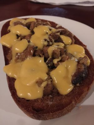 Deep fried bread with meat, cheese and garlic at Shromaždiště in Prague