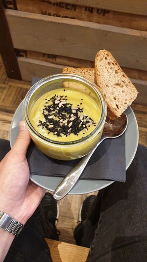 Vegane Mais Erbsen Suppe at Kaffeesack in Baden Baden