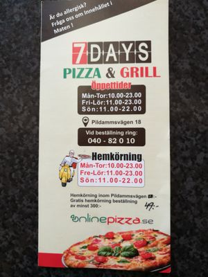 Menu at 7 Days Pizza & Grill in Malmo