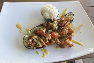 Stuffed zucchini 😋😋😋 vegan and amazing!  at El Tiki Bar and Restaurant in Playa Flamingo
