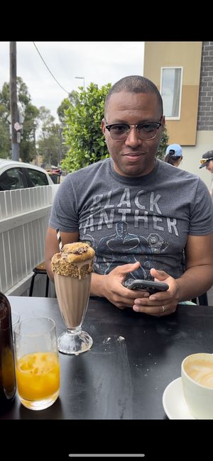 He’s so happy. Snicker shake with the notella cookie on top    at Sable in Richmond