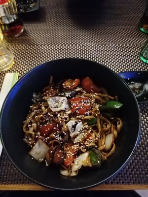 Udon noodles with teriyaki sauce at Panda Sushi in Zadar