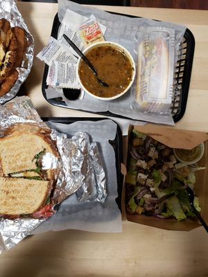 Caprese smashburger wild mushroom soup Greek salad. Fantastic food! at Peace Love Coffee in St Charles