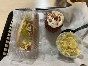 Chicago dog, red velvet cupcake, potato salad  at Peace Love Coffee in St Charles