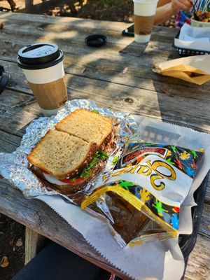 Caprese Sandwich with chips and latte at Peace Love Coffee in St Charles