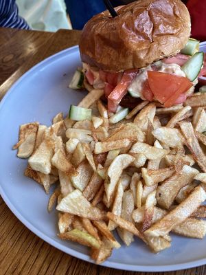 Felafel burger with humus and fries  at Troy Grille in Kent