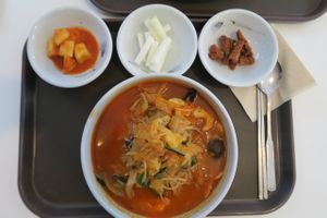 Jjambbong soup! With Vegan 'seafood' and noodles. Spice level was medium. at Loving Hut - Daegu in Daegu