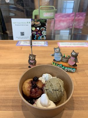 Wonderul hojicha ice cream and blueberry muffin.  at Naramachi Vegan Nabi in Nara