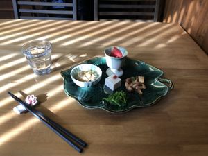 Starters. Note the paw for the chopsticks!  at Naramachi Vegan Nabi in Nara