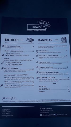 Menu at Hwaban in Toulouse