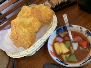 Fried wontons with sweet and sour saucee  at LockCha 樂茶軒 - Central in Hong Kong Island