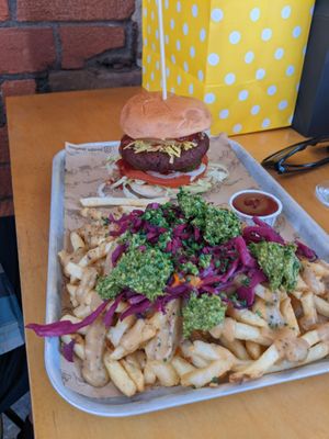 Vegan burger with pesto-loaded fries at Cutlery Works in Sheffield