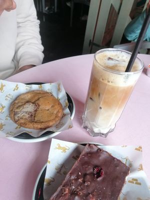 Cookie, tiffin and iced latte at Cutlery Works in Sheffield