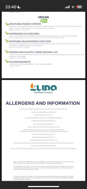 Vegan dishes have non-plant allergens? But are 100% vegan? How does this work?  at Il Lido  in Oristano