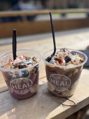 açai bowl and cacao bowl - both with almond drizzle   at HEAL in Hamilton