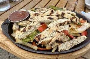 Chik’n Fajitas. (Really good). Cheese lettuce and wraps not shown in this pic)   at Moose Winooski's in Kitchener