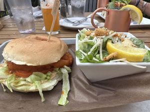 Chick’n Sandy and vegan Caesar Salad    at Moose Winooski's in Kitchener