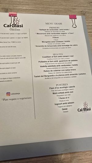 Vegan/ vegetarian mentioned on menu at Cal Blasi in Berga
