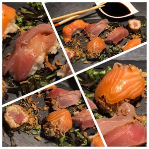 Especial de los Lunes, surimis de atún y de salmón y niguiris de atún con cebolla caramelizada at Cal Blasi in Berga