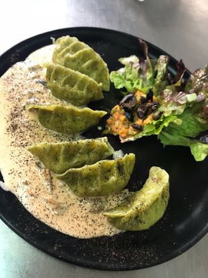 Gyozas de verduritas con salsa de bolets 🍄‍🟫 at Cal Blasi in Berga