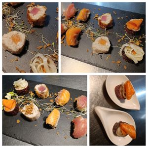 Niguiris de salmón y atún
Makis de berenjena asada y cebolla caramelizada con zanahoria y nabo encurtidos at Cal Blasi in Berga