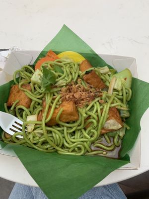 Chilli basil stir fry noodles (spinach noodles)  at Thailander in Malvern East