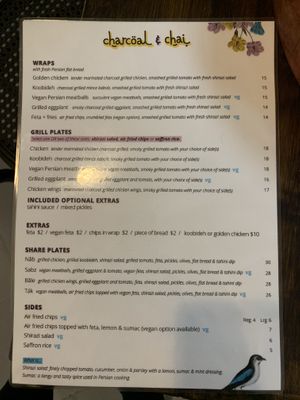 Menu as at 17 July 2020 at Charcoal and Chai in Como