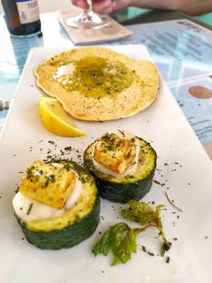 Stuffed courgette & chickpea omlette with pesto at Manumaga in Mojacar